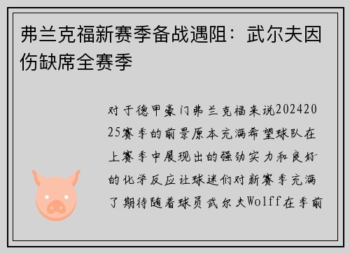 弗兰克福新赛季备战遇阻：武尔夫因伤缺席全赛季