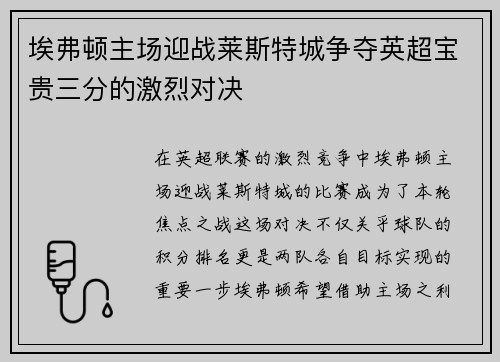 埃弗顿主场迎战莱斯特城争夺英超宝贵三分的激烈对决